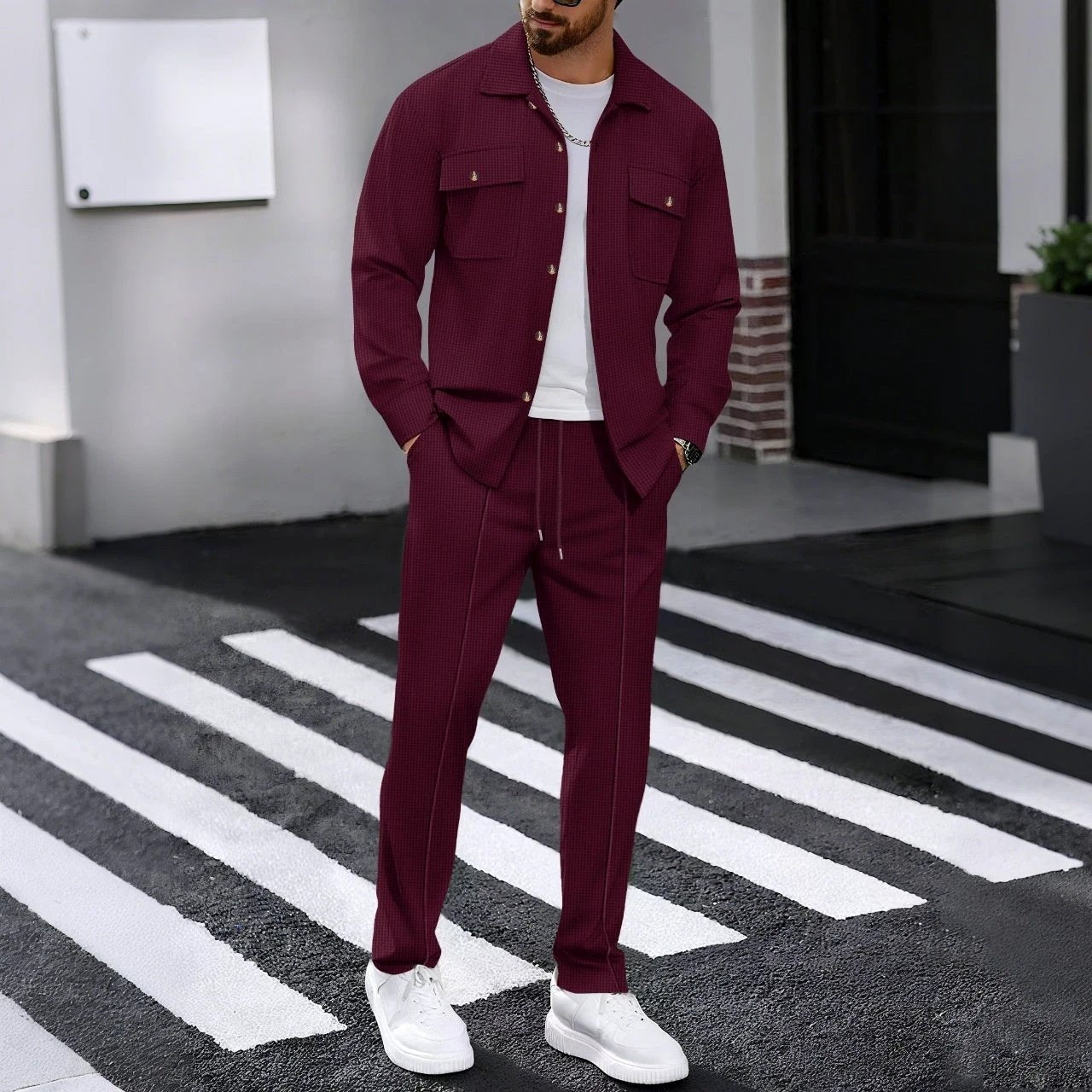 Autumn New Waffle Long-sleeved Trousers Two-piece Set Cardigan Shirt Suit
