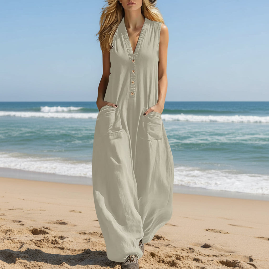 Women's Sleeveless V-Neck Wide-Leg Jumpsuit with Patch Pockets