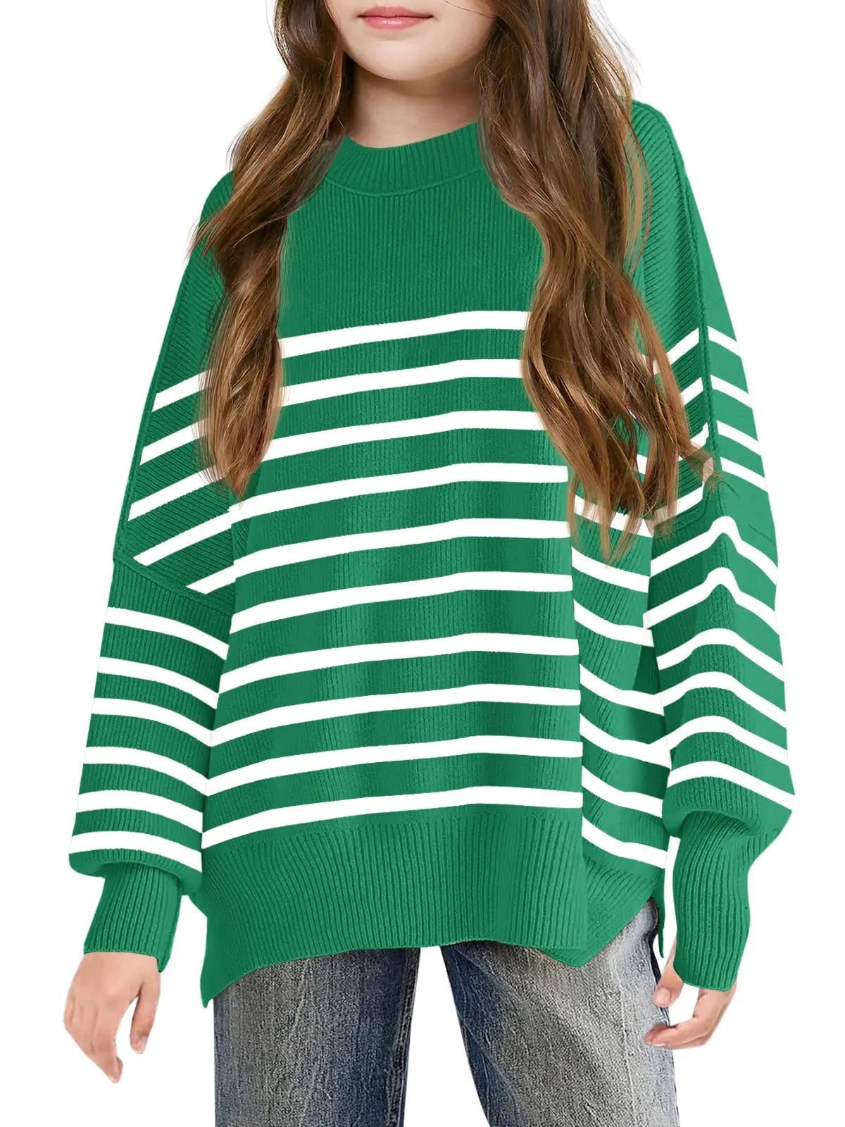 Girls Striped Oversized Sweaters Fashion Batwing Sleeve Side Slit Knit Pullover Clothes 5-6 Years-Green - # GIAA21210008
