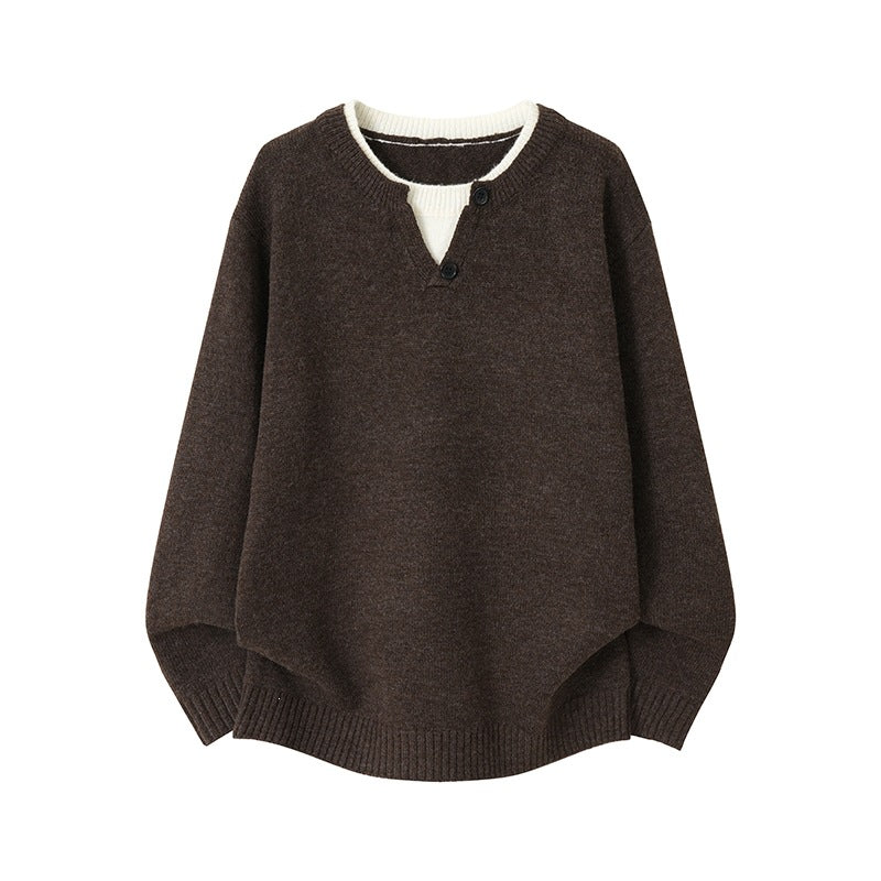 Mens Mock Two-Piece V-Neck Round-Neck Sweater
