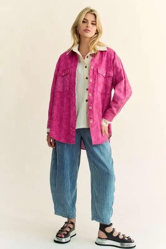 Shirts Trendsi Denim Shacket Women's Casual Diamond Quilted Button Up Top - Curved Hem, USA Ship