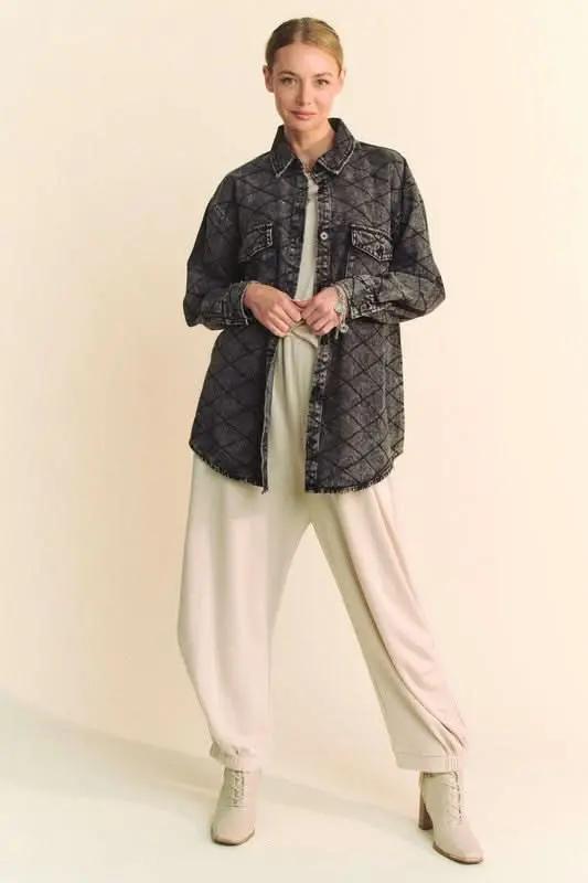 Shirts Trendsi Denim Shacket Women's Everyday Diamond Quilted Button Up Jacket
