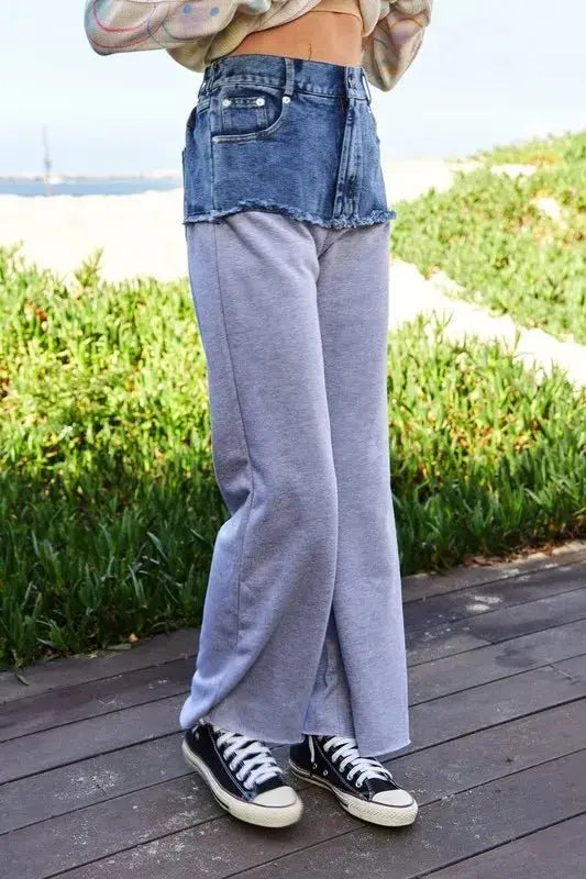 Trendsi Davi & Dani Denim Patchwork Wide Leg Women's Casual Pants: Raw Hem
