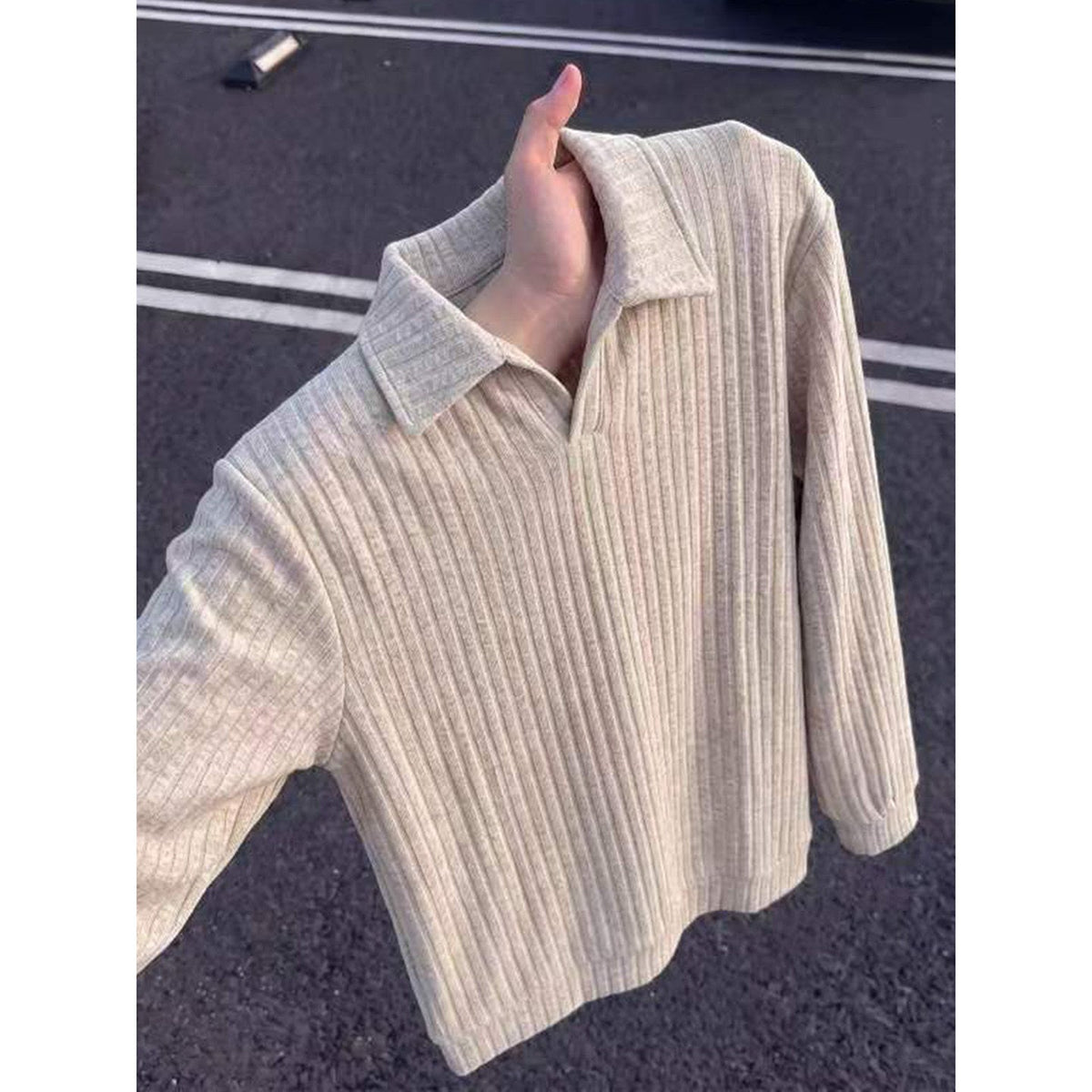 Old-money-style Vertical-striped Knit Mens American-style Long-sleeve Sweatshirt