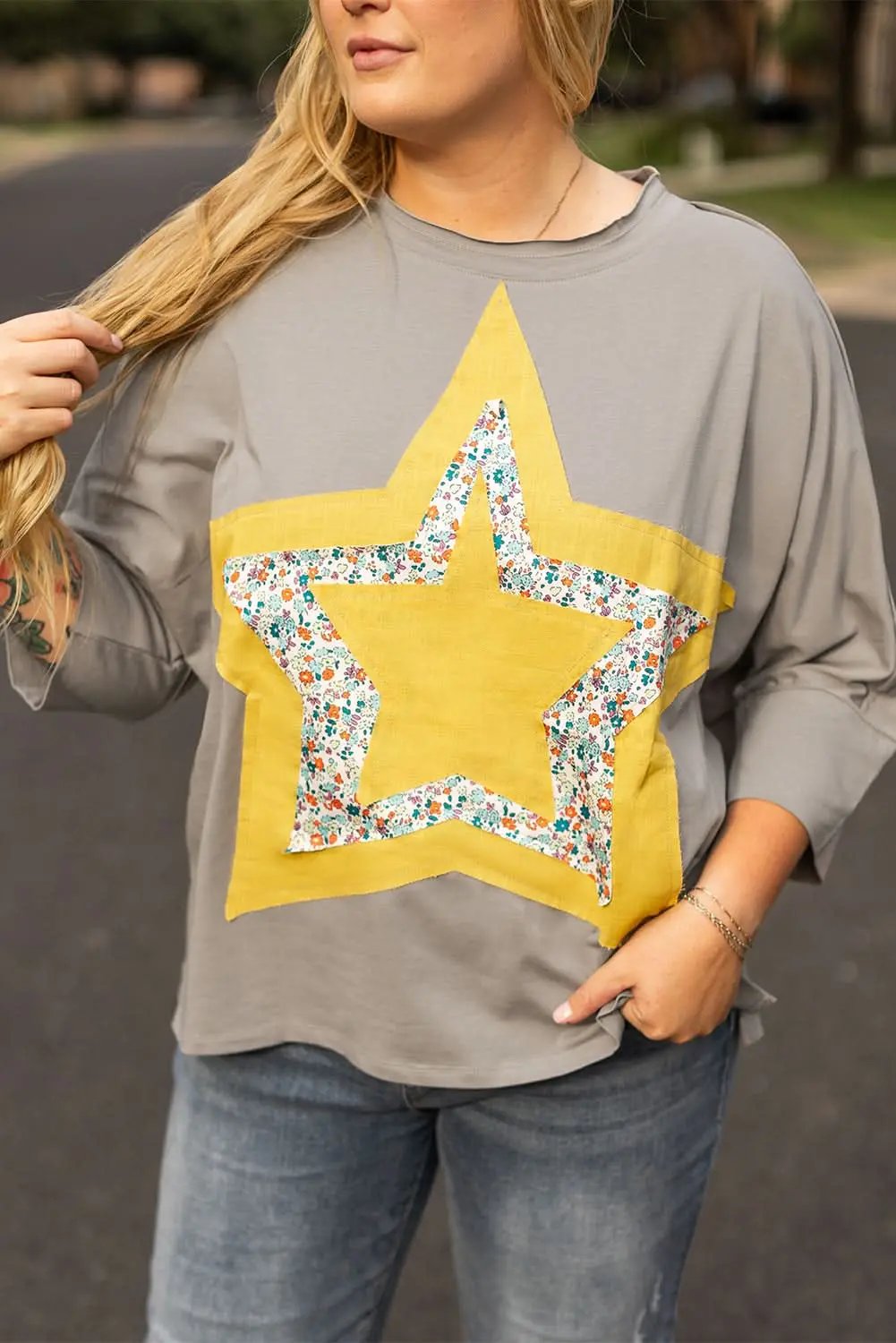 Accessories Love Salve Grey Floral Star Plus Size Women's Top: Western Style, Fall Fashion