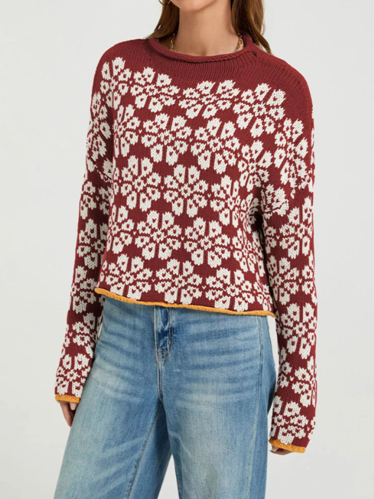 Floral Contrast Trim Dropped Shoulder Sweater