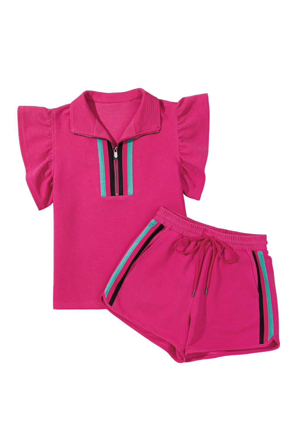 Conjunto de pantalón corto con cremallera, detalle de rayas y mangas con volantes, color rosa fresa