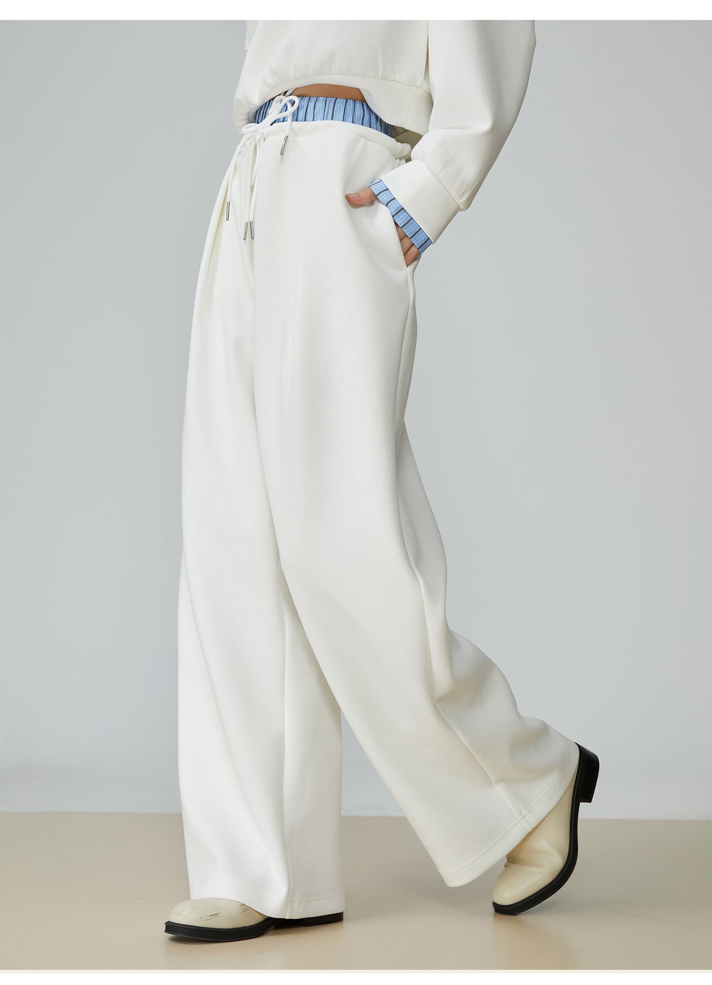 Two Piece Set Of Blue And White Striped Collared Sloping Shoulder Hoodie And Wide Leg Pants See size chart under “more details”