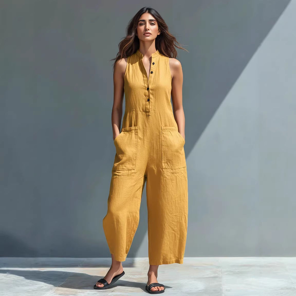 Women's Linen-Blend Sleeveless Jumpsuit