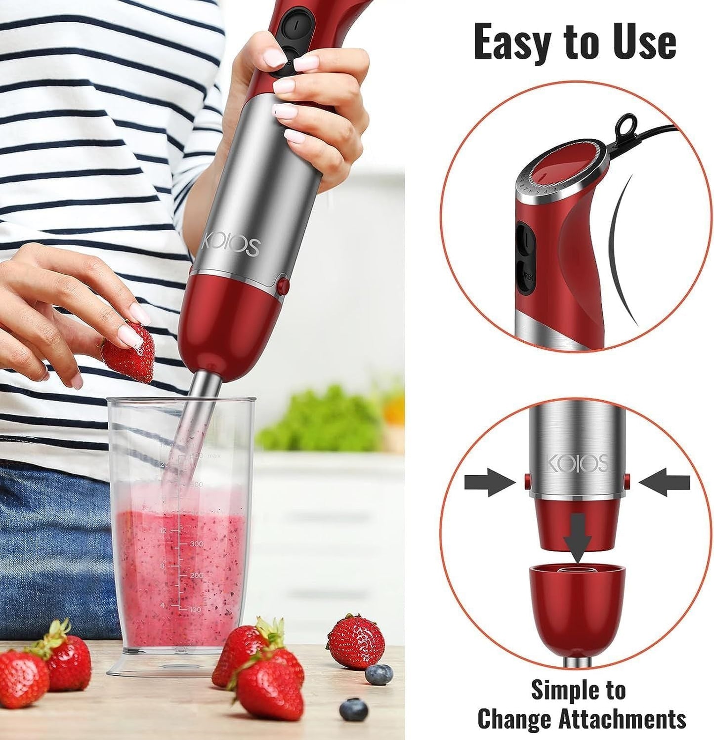 KOIOS 5-in-1 Hand Immersion Blender, 1000W 12 Speed Handheld Blender, Copper Motor Stainless Steel Blade Stick Blender,600ml Mixing Beaker,500ml Food Processor, Whisk, Milk Frother, B PA-F ree, Red