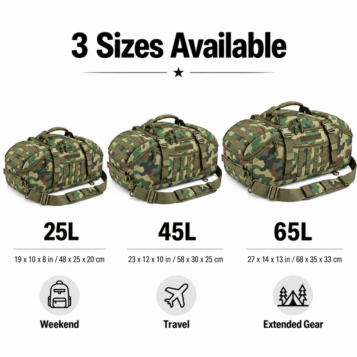 Tactical 65L Large Duffle Bag, 3-in-1 Tactical Backpack MOLLE Pack for Sports, Gym, Outdoor