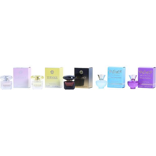 VERSACE VARIETY by Gianni Versace 5 PIECE UNISEX MINI VARIETY WITH DYLAN TURQUOISE & BRIGHT CRYSTAL & YELLOW DIAMOND & DYLAN PURPLE POUR FEMME EDP & ECRYSTAL NOIR AND ALL ARE EDT 0.17 OZ MINIS