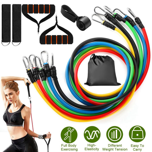11Pcs Resistance Bands Set Fitness Workout Tubes Exercise Tube Bands Up to 100lbs w/ Door Anchor Handles Ankle Straps for Physical Training Yoga Pilates