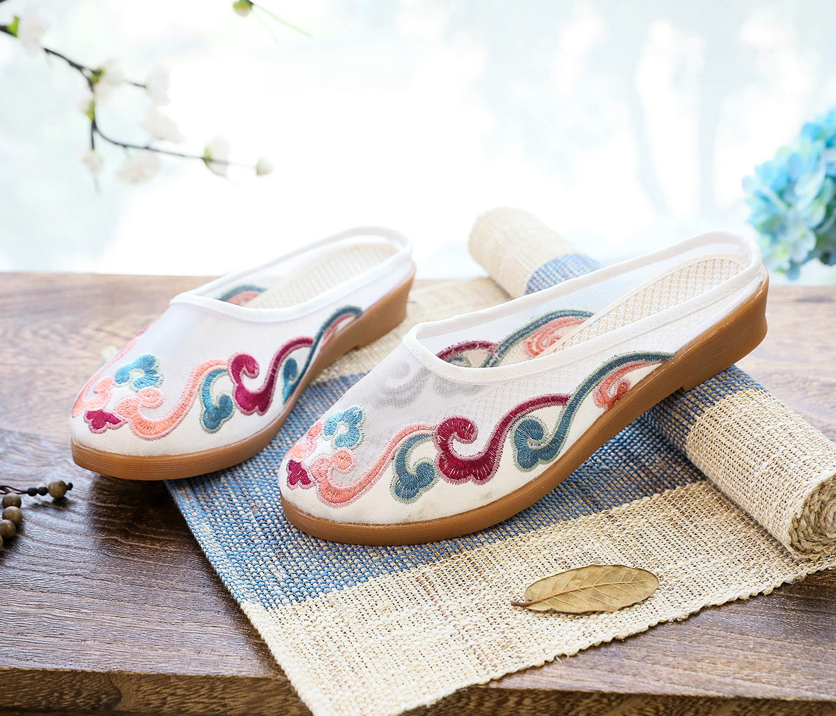 Slippers Mesh Embroidered Cotton Shoes Casual Women Outdoor Slippers