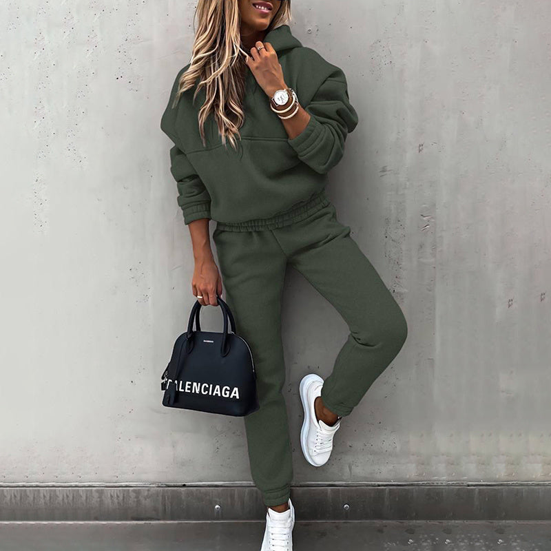 Conjunto de sudadera con capucha y pantalón de dos piezas de color liso para mujer