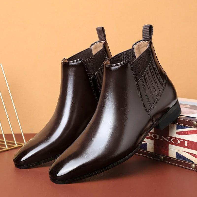 Men's Pointed Toe Chelsea-style Boots Square Heel Business Formal Leather Shoes