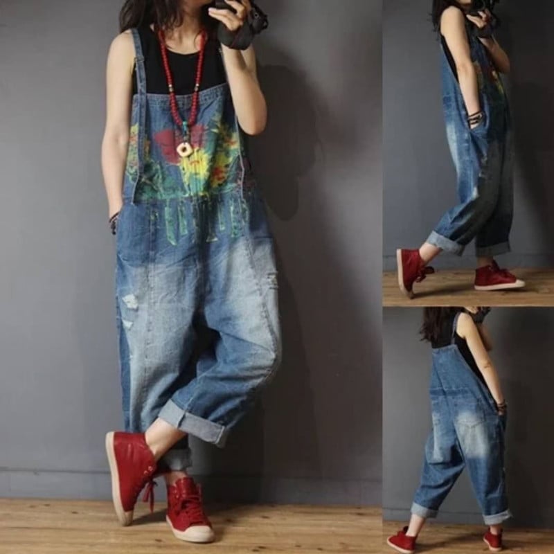 Retro Print Denim Overalls for Women - Spring/Summer