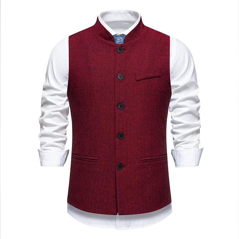 Men's Retro Stand Collar Herringbone Solid Color Suit Vest