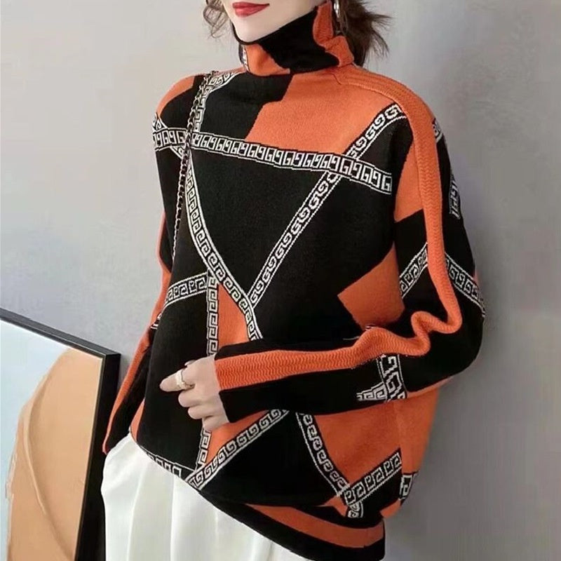 Women's Fashion Casual Multicolor Heaps Collar Sweater
