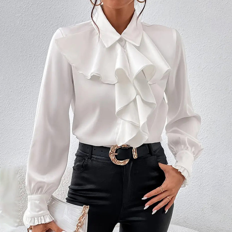 Blusa de mujer con cuello con volantes | Top de trabajo elegante de manga larga
