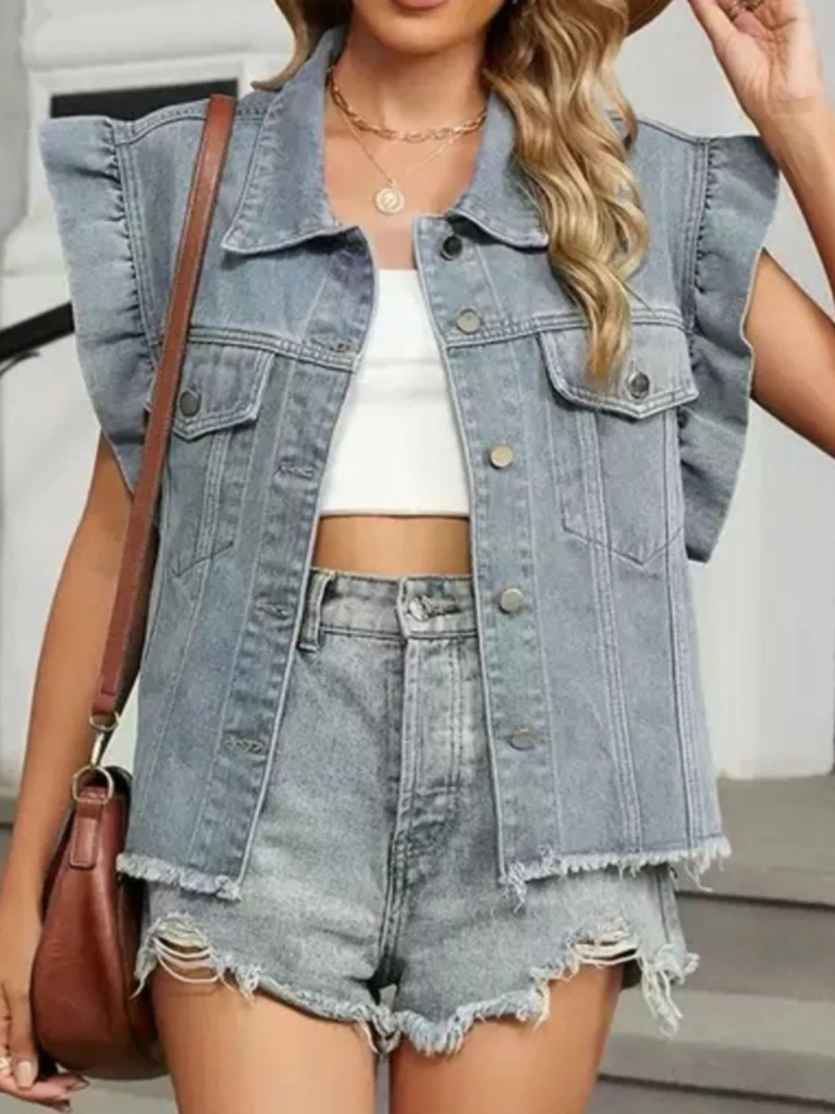Ruffled Raw Hem Button Up Denim Jacket