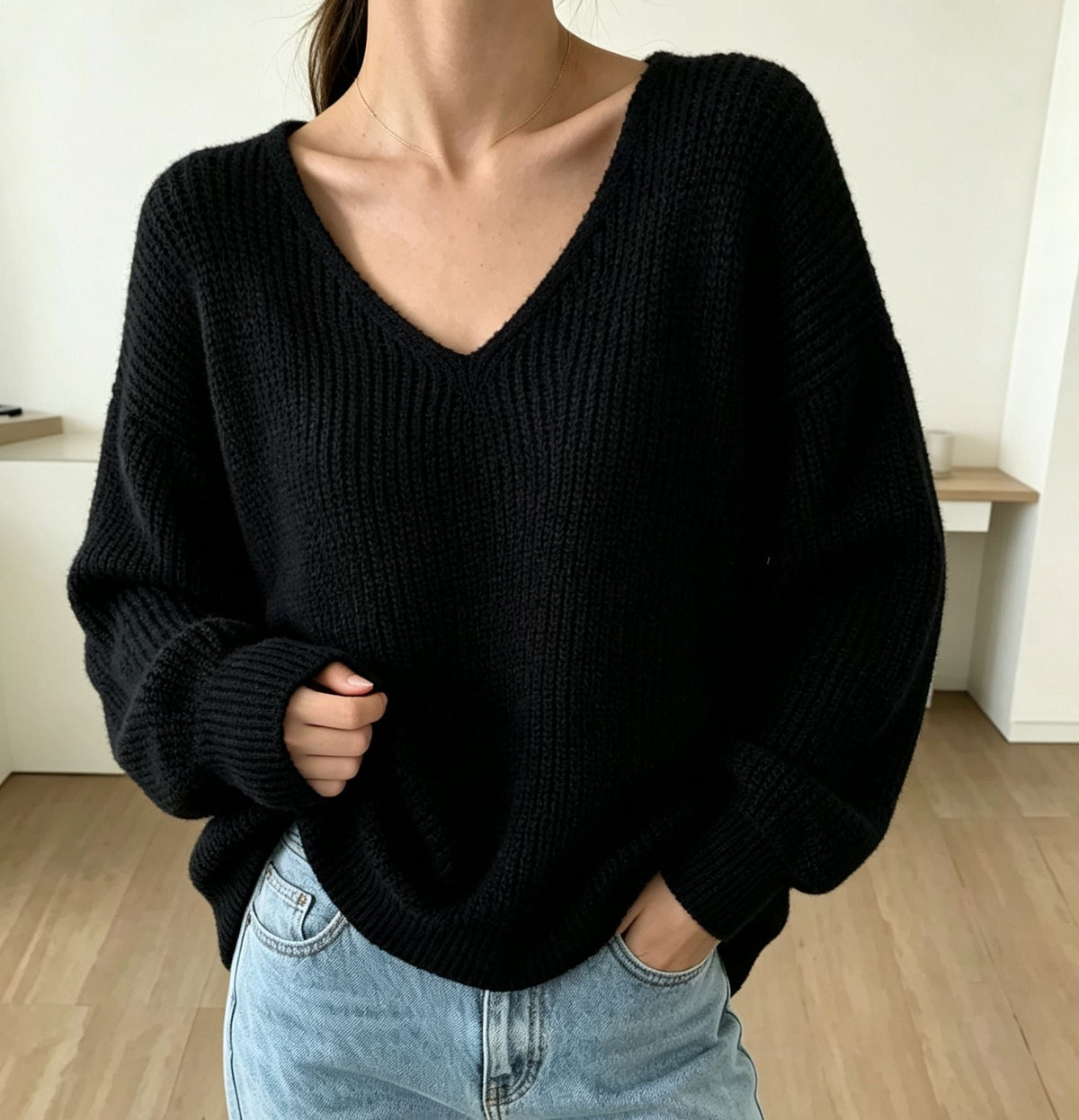 Thickened Long-sleeved Loose-fit V-neck Pullover Sweater For Women