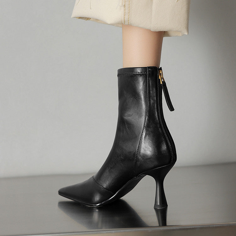Stiletto-heeled Cowhide Pointed-toe Ankle Boots With A Back