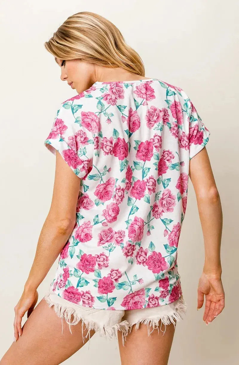 Women's T-Shirt Women's Tee - Rose Print & Crochet Lace - Soft Casual Top