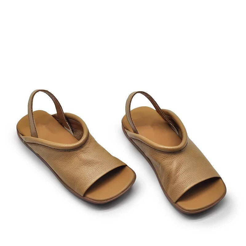 Women's Soft-leather Square-toe Flat Sandals