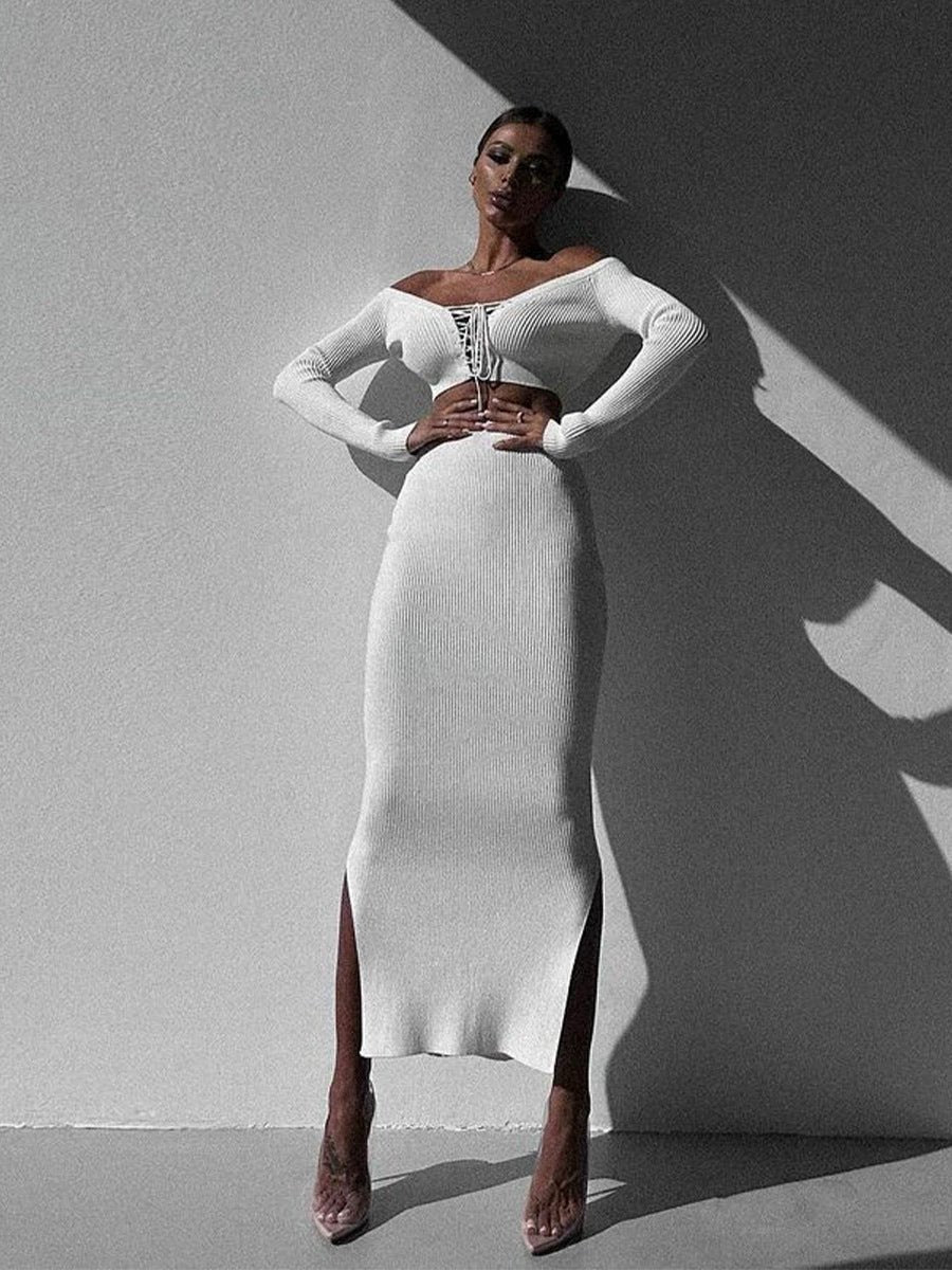 Autumn Winter Sexy Long Sleeve Sweater Dress Two-piece Set Skinny Knit