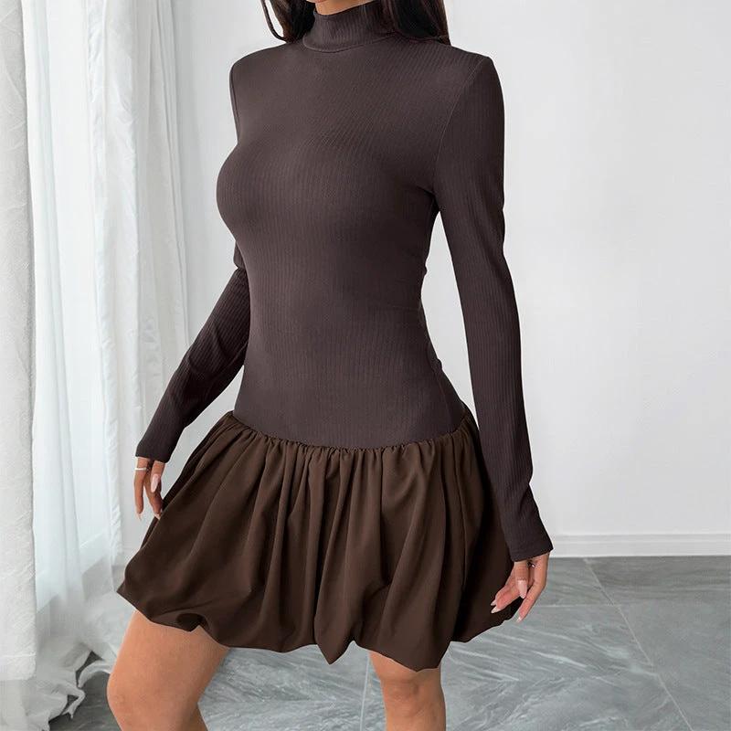 Simple Elegant Basic Turtleneck Long Sleeve Solid Color Dress