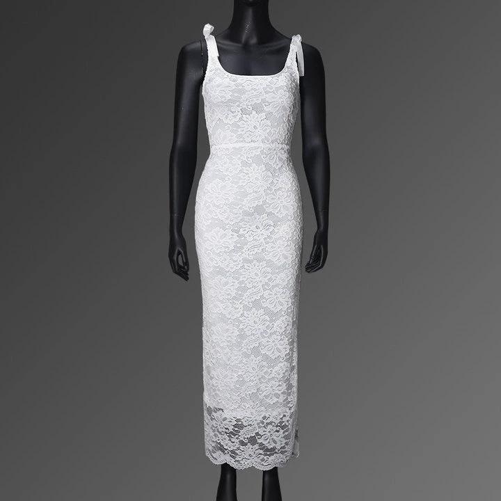 Lace Bow Sexy Backless Lace Double Layer Length Dress