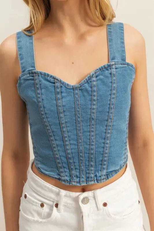 Women's Denim Tank Top Denim Tank Top - Sweetheart Neckline - Casual Style