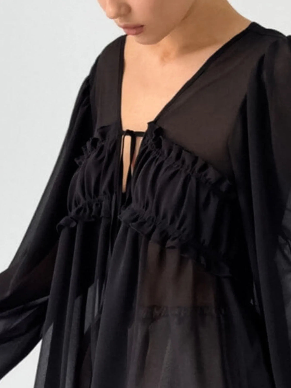 Ruffled Tie Front Long Sleeve Blouse