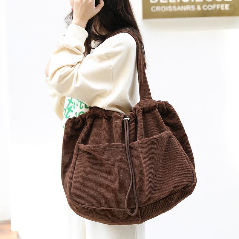 Women's Corduroy Drawstring Shoulder Bag Travel Bag