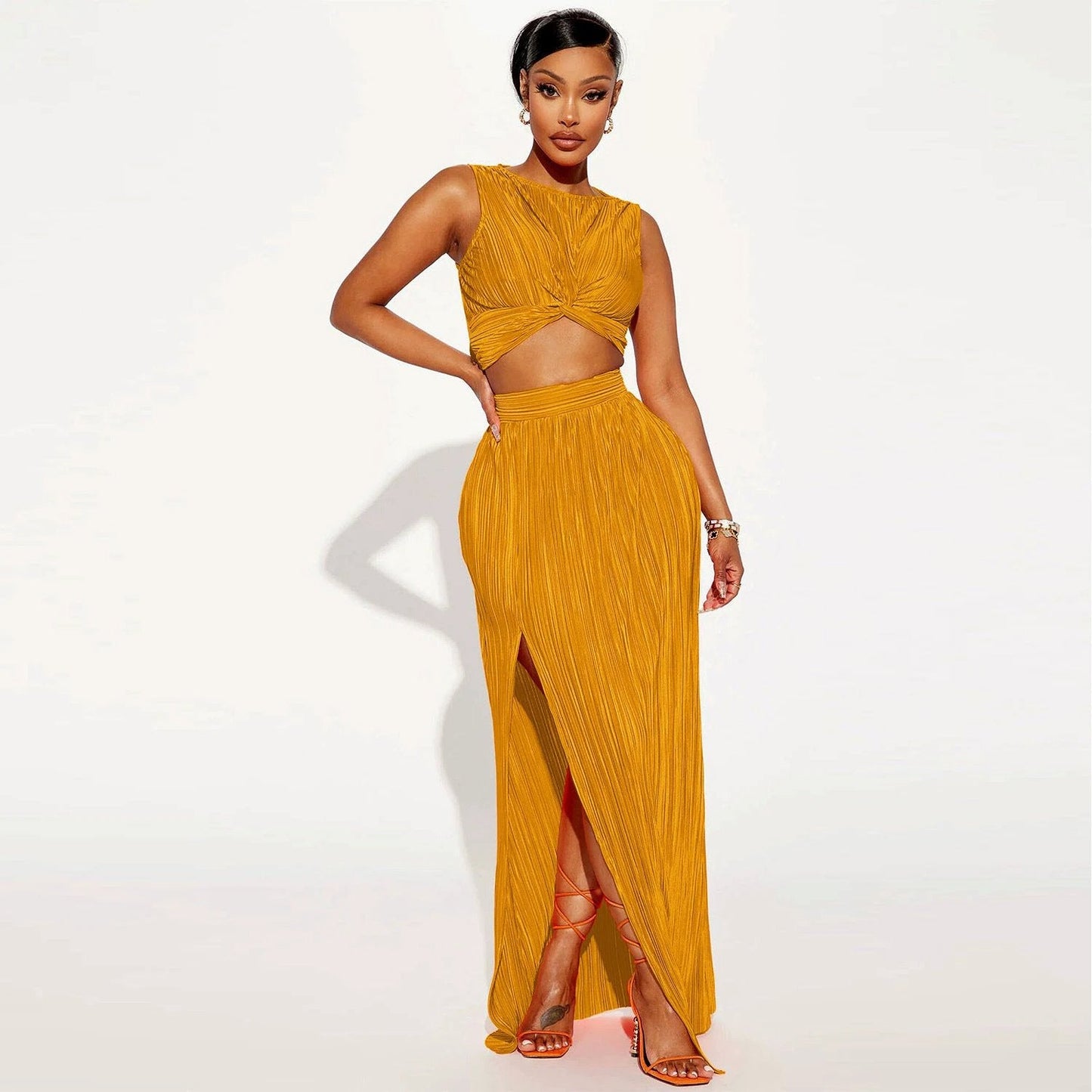 European And American Women's Clothing Slit Dress Two-piece Set