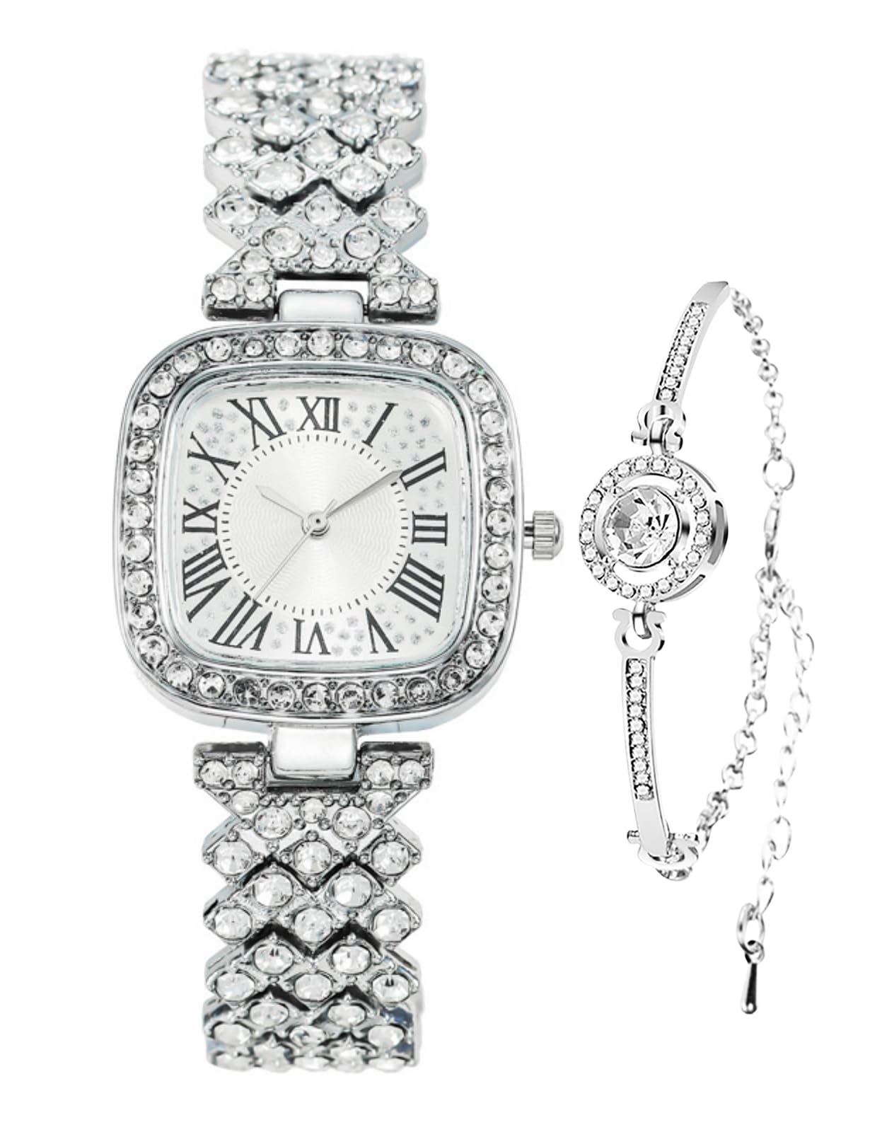 ADSBIAOYE Fashion Luxury Vintage Diamond Square Watch Digital dial Quartz Womens Watch (Silver C)