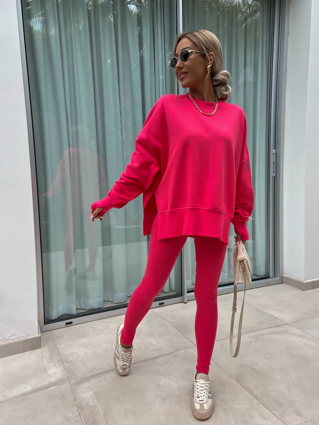 Traje de suéter informal para mujer – Conjunto de top suelto con aberturas y pantalones ajustados