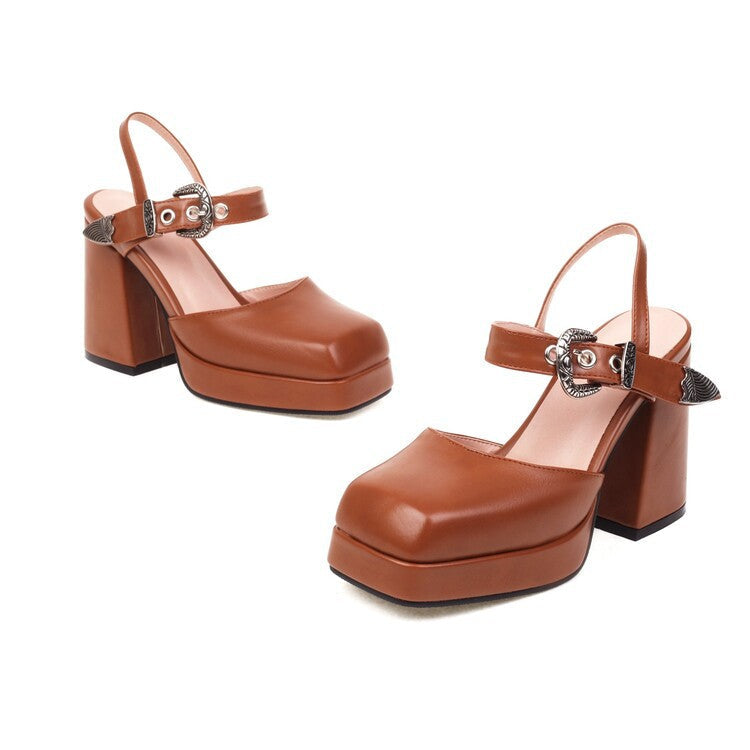 Square-toe Platform Chunky-heel Strappy Sandals