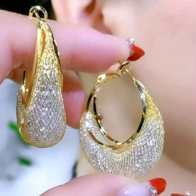 Elegant Crescent Mesh Hoop Earrings with Sparkling Cubic Zirconia