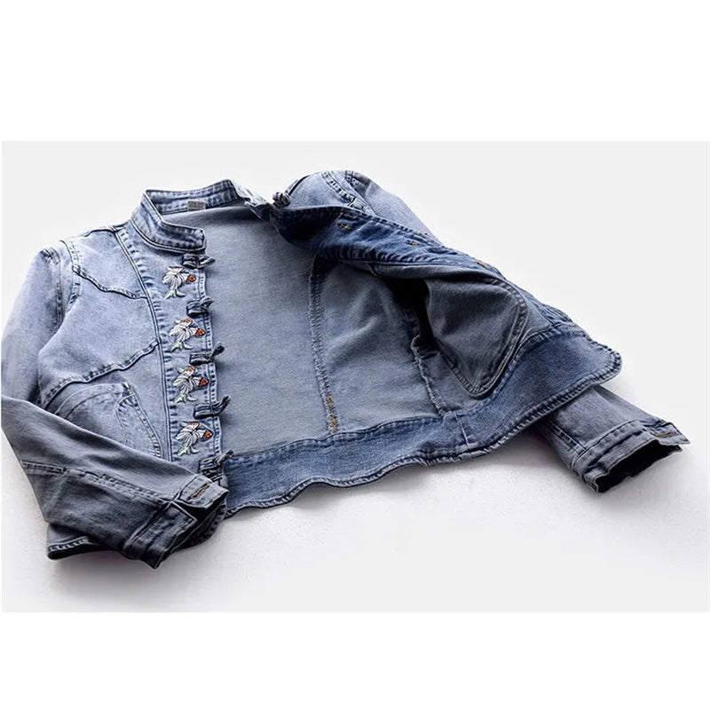 Embroidered Denim Jacket for Women | Loose Cropped Style - # GIAA23210009