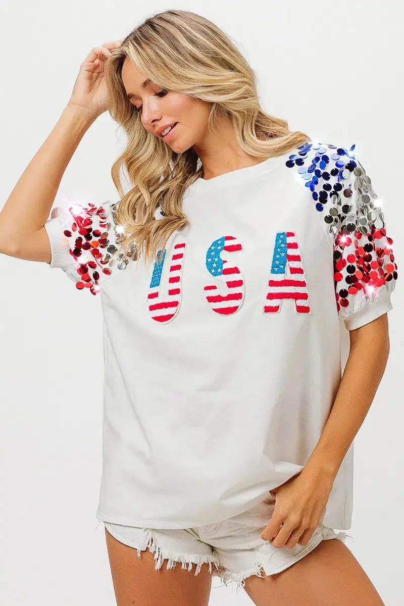 Women's T-Shirt Women's Tee - Sequin American Flag - Patriotic USA Made