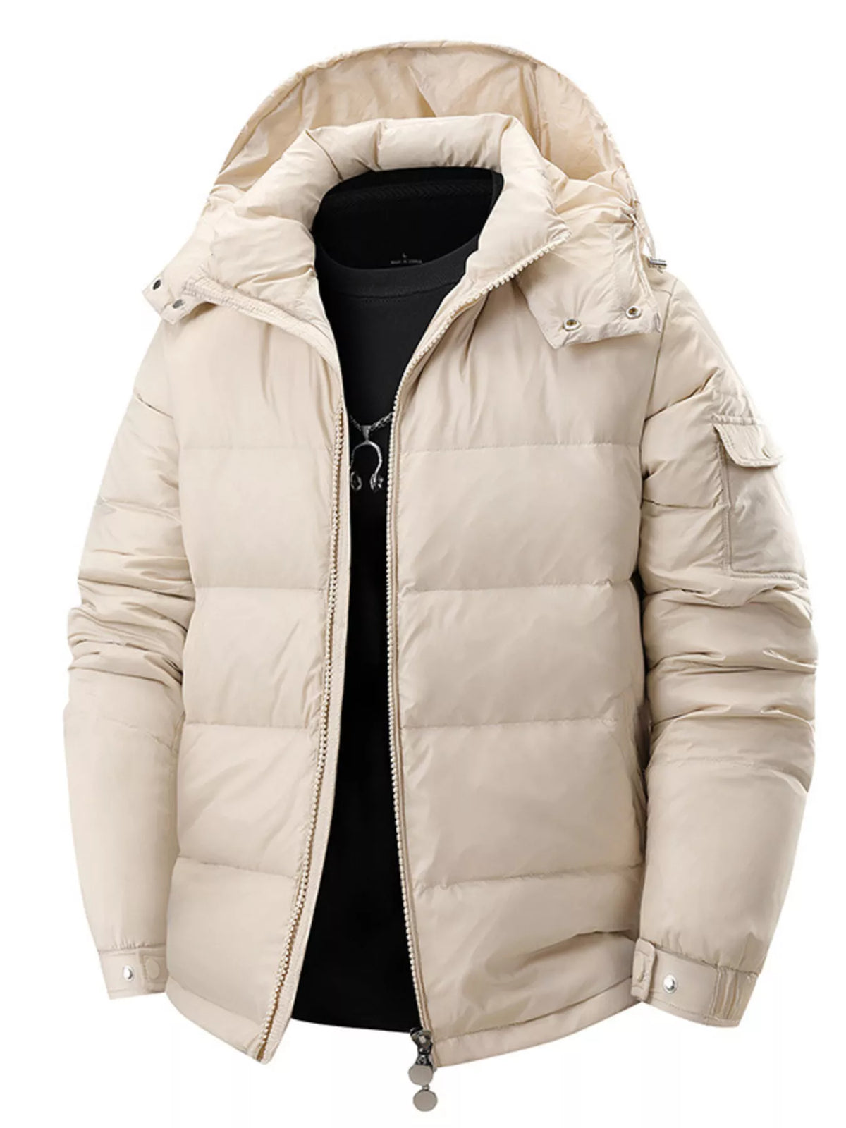 Men's Full Size Hooded Puffer Jacket with Side Zipper Pockets Plus Size