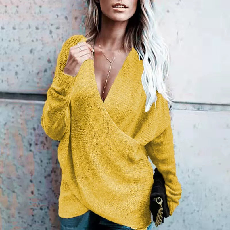 Autumn Winter Fashion V-neck Cross Knit Women Sweater Tops