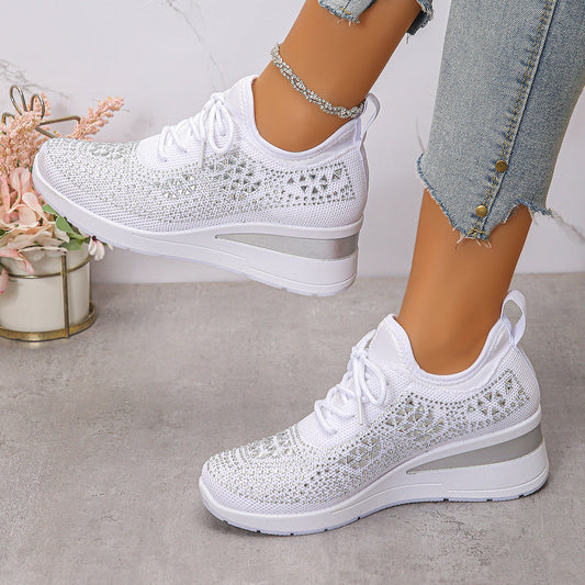 Ins Rhinestone Sneakers Fashion Lace Up Wedges Casual Shoes Women's Daily Commuting Sports Shoes See size chart under “more details”