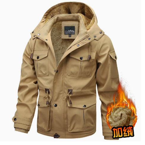 Winter Zip-up Coat Warm Thickened Detachable Hooded Jacket Multi-pocket Button Drawstring Long Sleeve Tops Men's Cargo Clothing
