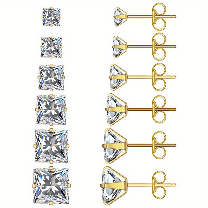 316 Stainless Steel Square Stud Earrings with Cubic Zirconia Accents
