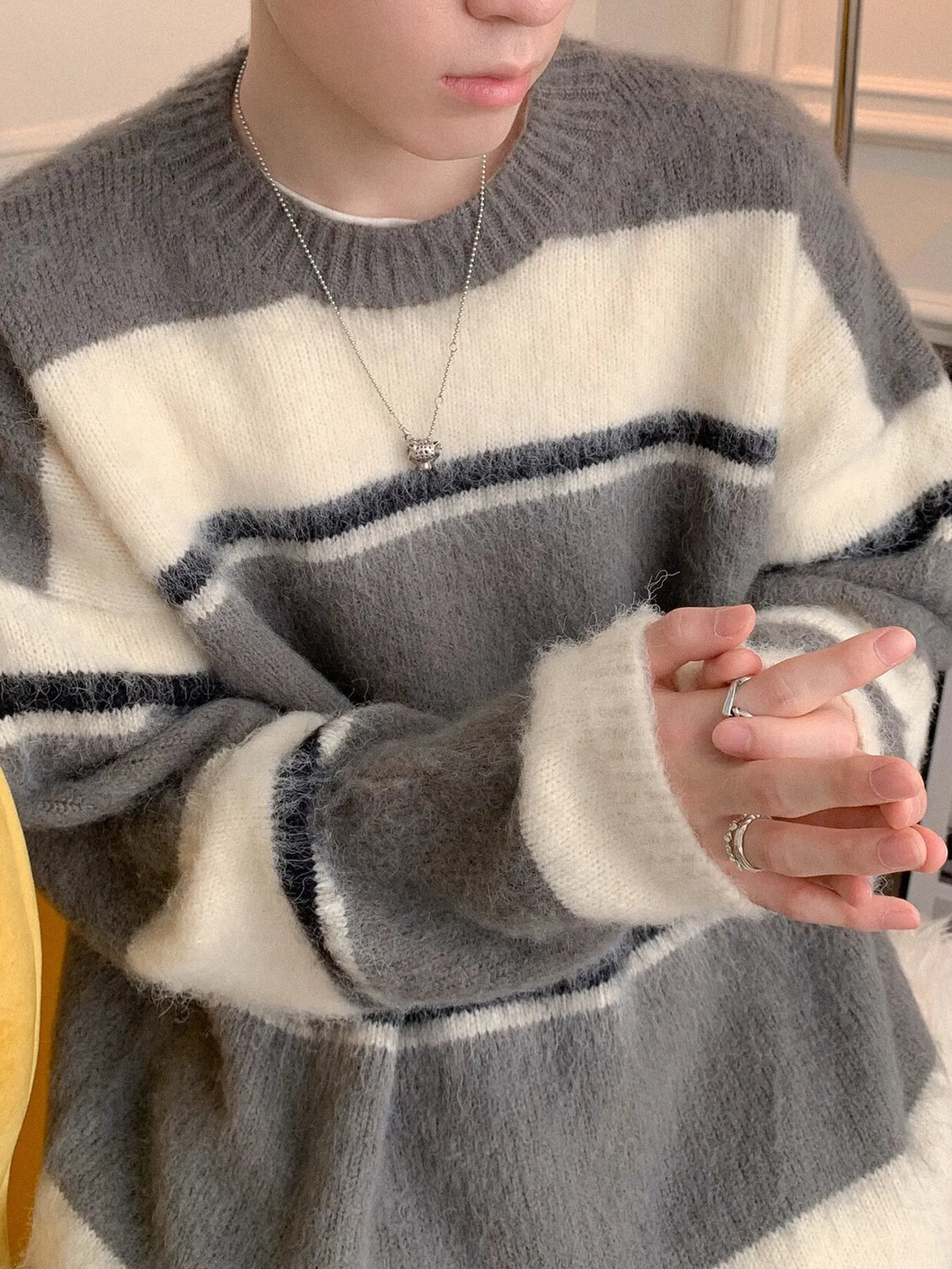 Men's Striped Fuzzy Knit Pullover Sweater