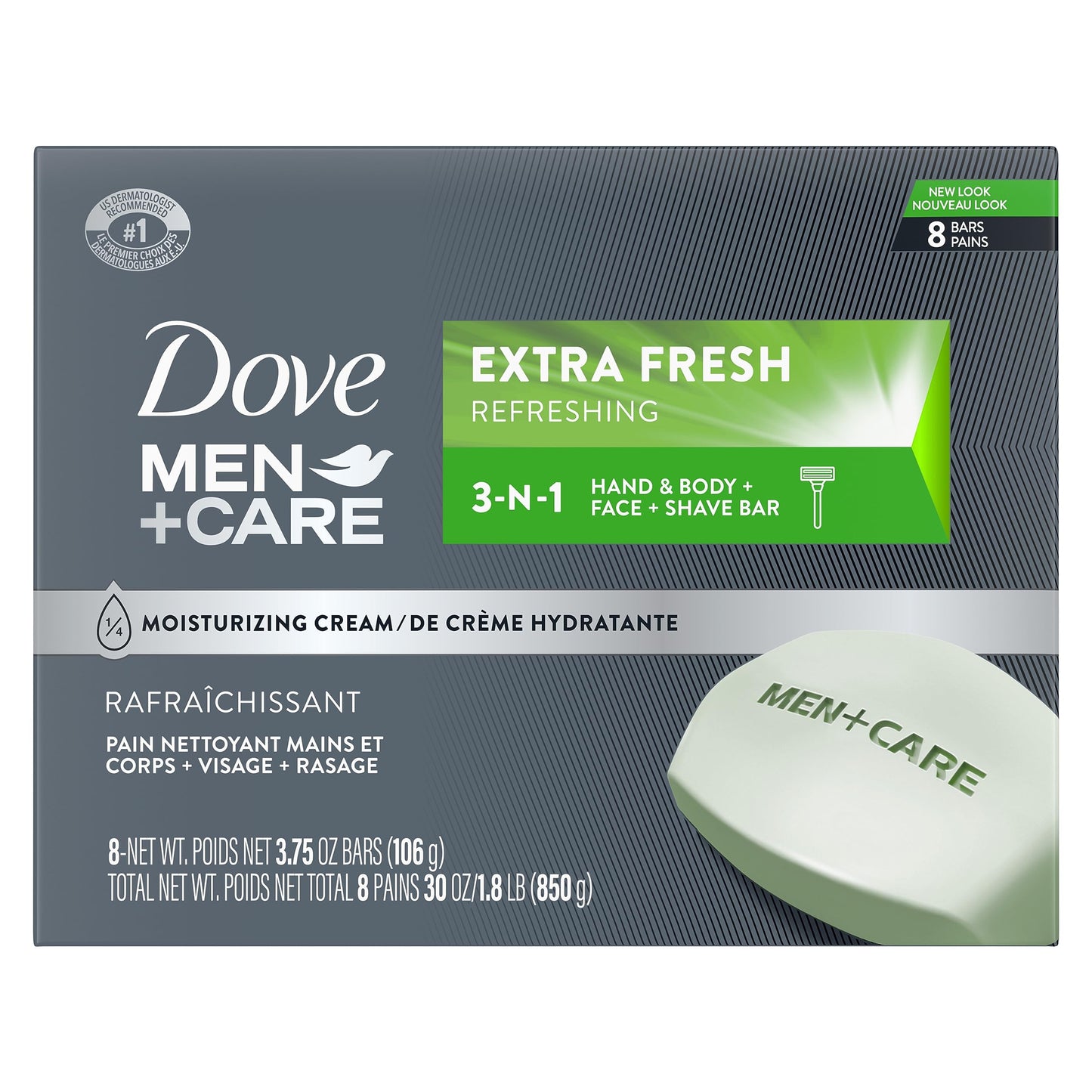 DOVE MEN + CARE 3 in 1 Bar Cleanser for Body Face and Shaving Extra Fresh Body and Facial Cleanser More Moisturizing Than Bar Soap to Clean and Hydrate Skin 3.75 Ounce (Pack of 8)