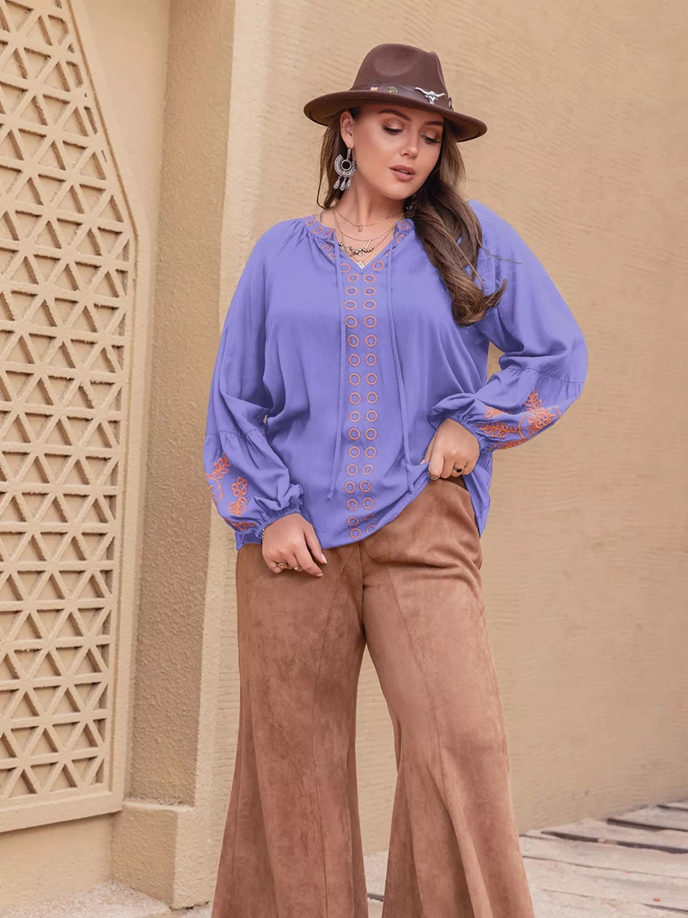 Plus Size Boho Embroidered Long Sleeve Blouse See size chart under “more details”